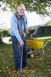 Man outdoors raking leaves and smiling (selective focus)