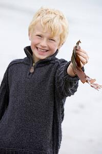 Young boy standing on beach holding leaves smiling