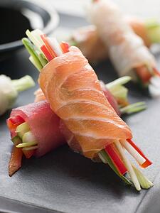 Sashimi and Vegetable Rolls with Soy Sauce
