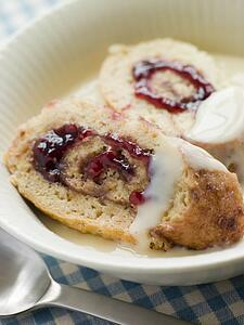 Bowl of Jam Roly Poly and Custard