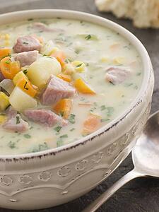 Bowl of Bacon and Corn Chowder with Soda Bread