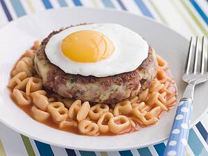 Corned Beef Hash Cake with Alphabet Pasta and a Fried Egg