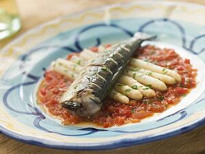 Grilled Sardines with White Asparagus and Roasted Red Pepper Salsa
