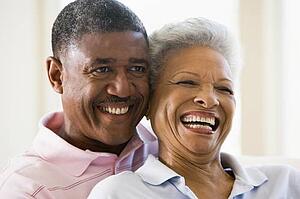 Couple relaxing in living room and smiling