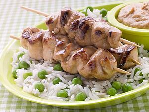 Chicken Satay Sticks with Peanut Butter Sauce and Fried Rice