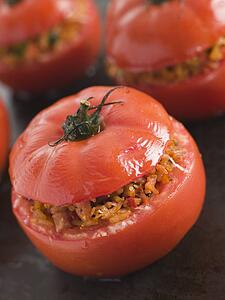 Stuffed Beef Tomato on a Baking Sheet