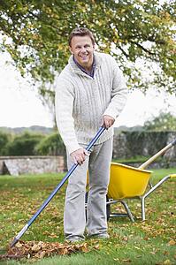 Man outdoors raking leaves near wheelbarrow and smiling (selective focus)