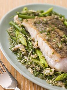 Fillet of Hake with Cockles Green Vegetables and Salsa Verde