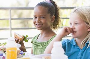 Students outdoors eating lunch (selective focus)