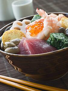 Sushi Rice Bowl with Tuna Salmon Prawn Tofu and Vegetables