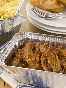 Indian Take Away- Beef Madras, Pilau Rice And Vegetable Samosa 