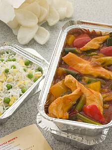 Sweet And Sour Chicken With Egg Fried Rice And Prawn Crackers