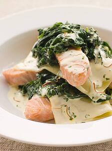 Open Lasagne of Salmon and Spinach with a Saffron Cream