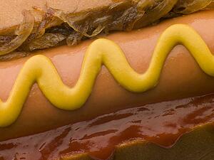 Hot Dog with Fried Onions mustard and Tomato Ketchup