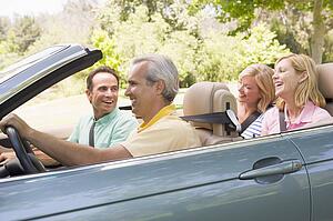Two couples in convertible car smiling