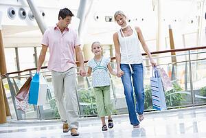 Mother and father with young daughter at a shopping mall