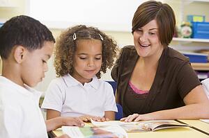 Students in class with teacher reading (selective focus)