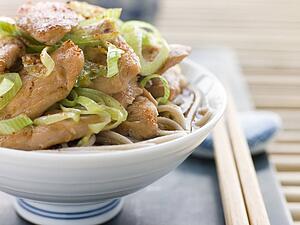 Bowl of Chicken and LeekSoba Noodles in Broth