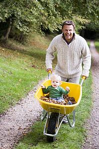 Father pushing baby son in wheelbarrow