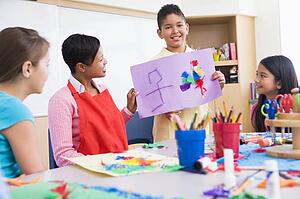 Student showing teacher and classmates his artwork (selective focus)