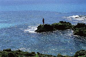 Woman outdoors standing on large rocks Oceanside (far away/silhouette)