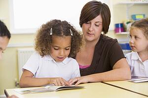 Students in class with teacher reading (selective focus)