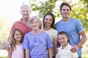 Extended family standing in park smiling