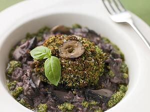 Herb Crusted Portabello Mushroom with Red Wine Risotto and Pesto Dressing