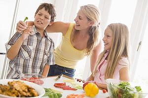 Mother And Children Prepare A meal, mealtime Together 