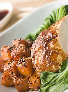 Soy Roasted Chicken on Steamed Pac Choi with Teriyaki Roasted butternut Squash