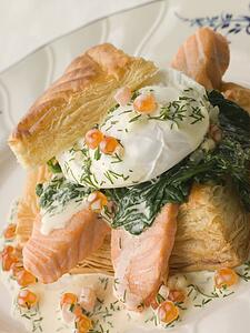 Seared Salmon Spinach and a Poached Egg in a Vol-au-Vent Case with a Dill and Keta Caviar Sauce