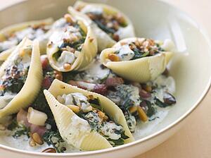 Conchiglioni pasta shells with Spinach Pancetta Pine Nuts and Gorgonzola Cream