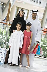 Family standing in mall smiling (selective focus)