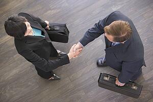 Two businesspeople indoors shaking hands