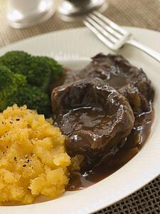 Shin of Beef Braised in Stout with Mashed Swede and Broccoli
