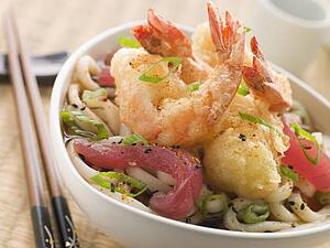 Bowl of Tempura Tiger Prawn and Udon Noodle Broth with Yellow Fin tuna