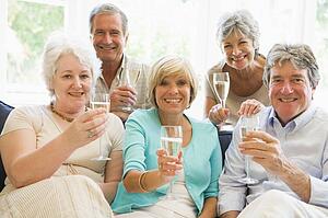 Five friends in living room drinking champagne and smiling