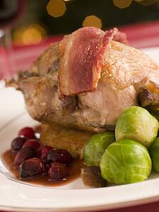 Roast Partridge Potato Cake Brussel Sprouts and Cranberry Jus