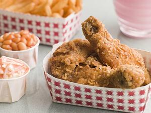 Southern Fried Chicken Coleslaw Baked Beans Fries and Strawberry Milkshake