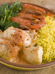 Saute of Monkfish Prawns and Rice with Pimento Cream
