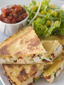 Quesadillas with Cajun Chicken Cheese Tomato Salsa and corn Salad