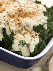 Curly Kale with Cheese Sauce Caraway Seeds and Breadcrumbs