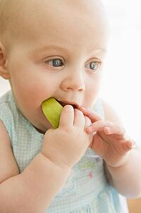 Baby eating apple indoors