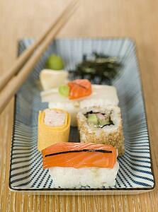 Plated Sushi with Wasabi Sushi Ginger and nori
