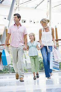 Mother and father with young daughter at a shopping mall
