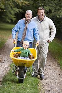 Grandfather and Father outdoors pushing grandson in wheelbarrow and smiling (selective focus) 
