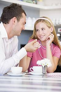 Young couple having tea in a cafeteria