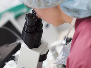Embryologist with microscope performing an intra cytoplasmic sperm injection (selective focus)