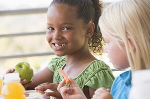 Students outdoors eating lunch (selective focus)