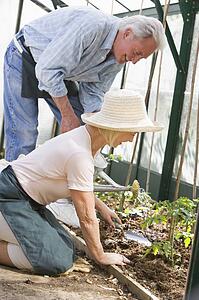 Woman in greenhouse planting seeds and man holding watering can smiling